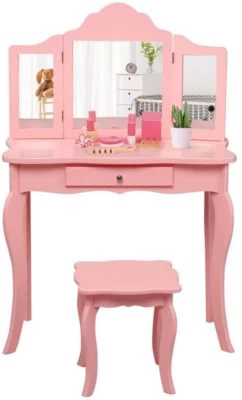COSTWAY® Kinderschminktisch Mit Hocker & 3 Spiegeln 70x34x103cm 3 COSTWAY® Kinderschminktisch Mit Hocker & 3 Spiegeln 70x34x103cm