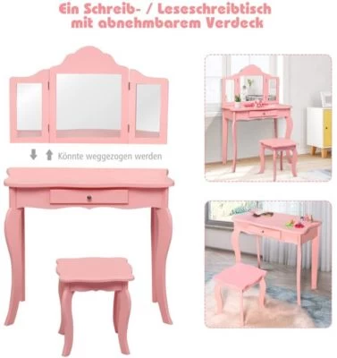 COSTWAY® Kinderschminktisch Mit Hocker & 3 Spiegeln 70x34x103cm 6 COSTWAY® Kinderschminktisch Mit Hocker & 3 Spiegeln 70x34x103cm – Bild 4