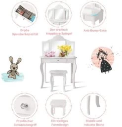 COSTWAY® Kinderschminktisch Mit Hocker & 3 Spiegeln 70x34x103cm -Spielzeugladen 21653095 03