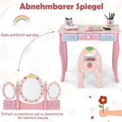 COSTWAY® Schminktisch Erdbeermuster Mit Spiegel & Hocker -Spielzeugladen 23263777 05