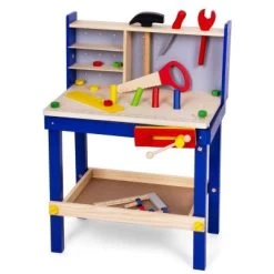 LEO & EMMA Werkbank Holz Kinderwerkbank Mit Werkzeug Aus Holz, Blau Lackiert, 50tlg