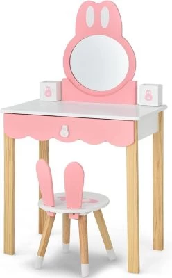 COSTWAY® Schminktisch Kaninchenform Mit Spiegel & Hocker 3 COSTWAY® Schminktisch Kaninchenform Mit Spiegel & Hocker