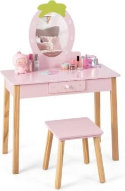 COSTWAY® Kinderschminktisch Mit Hocker & Spiegel Erdbeerförmig
