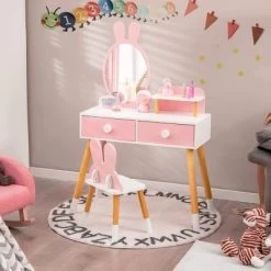 COSTWAY® Schminktisch Hasenform Mit Spiegel & Hocker & 2 Schubladen -Spielzeugladen 28514573 02