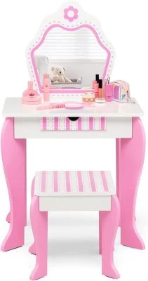 COSTWAY® Kinderschminktisch Mit Hocker & Spiegel Abnehmbar 2-in-1