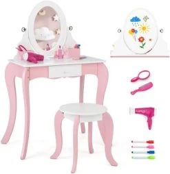 COSTWAY® 2 In 1 Schminktisch Mit Hocker & Spiegel & Whiteboard