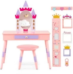 COSTWAY® 2in1 Schminktisch Mit Hocker Schublade Spiegel Wachstumslineal