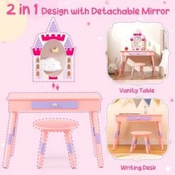 COSTWAY® 2in1 Schminktisch Mit Hocker Schublade Spiegel Wachstumslineal -Spielzeugladen 30145989 03