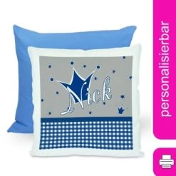 CreaDesign Dekokissen Kinder 40 X 40 Cm Prinz / Prinzessin Blau Grau Mit Name Personalisiert