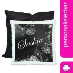 CreaDesign Dekokissen Kinder 40 X 40 Cm Blumen Schwarz Mit Name Personalisiert
