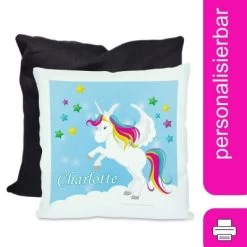 CreaDesign Dekokissen Kinder 40 X 40 Cm Einhorn Blau Mit Name Personalisiert