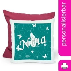 CreaDesign Dekokissen Kinder 40 X 40 Cm Schmetterling Petrol Mit Name Personalisiert