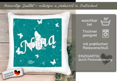 CreaDesign Dekokissen Kinder 40 X 40 Cm Schmetterling Petrol Mit Name Personalisiert 7 CreaDesign Dekokissen Kinder 40 X 40 Cm Schmetterling Petrol Mit Name Personalisiert – Bild 5