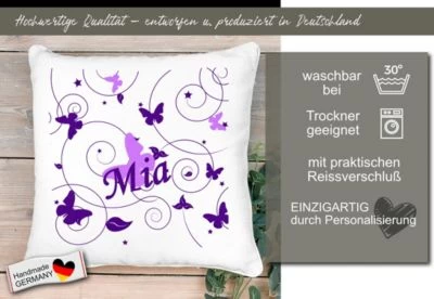 CreaDesign Dekokissen Kinder 40 X 40 Cm Schmetterling Flieder Lila Mit Name Personalisiert 7 CreaDesign Dekokissen Kinder 40 X 40 Cm Schmetterling Flieder Lila Mit Name Personalisiert – Bild 5