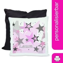 CreaDesign Dekokissen Kinder 40 X 40 Cm Sterne Rosa Grau Mit Name Personalisiert