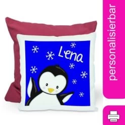 CreaDesign Dekokissen Kinder 40 X 40 Cm Pinguin Blau Mit Name Personalisiert