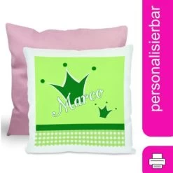 CreaDesign Dekokissen Kinder 40 X 40 Cm Prinz / Prinzessin Grün Mit Name Personalisiert