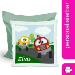 CreaDesign Dekokissen Kinder 40 X 40 Cm Auto Cartoon Mit Name Personalisiert