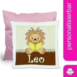 CreaDesign Dekokissen Kinder 40 X 40 Cm Leselöwe Braun Mit Name Personalisiert