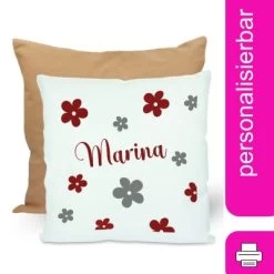 CreaDesign Dekokissen Kinder 40 X 40 Cm Blumen Grau Brombeere Mit Name Personalisiert