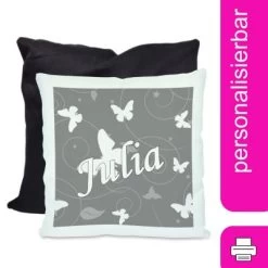 CreaDesign Dekokissen Kinder 40 X 40 Cm Schmetterling Grau Mit Name Personalisiert
