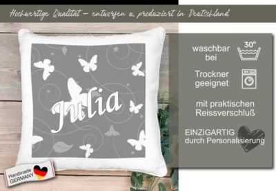 CreaDesign Dekokissen Kinder 40 X 40 Cm Schmetterling Grau Mit Name Personalisiert 7 CreaDesign Dekokissen Kinder 40 X 40 Cm Schmetterling Grau Mit Name Personalisiert – Bild 5