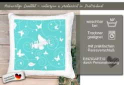 CreaDesign Dekokissen Kinder 40 X 40 Cm Schmetterling Türkis Mit Name Personalisiert -Spielzeugladen 30546072 05